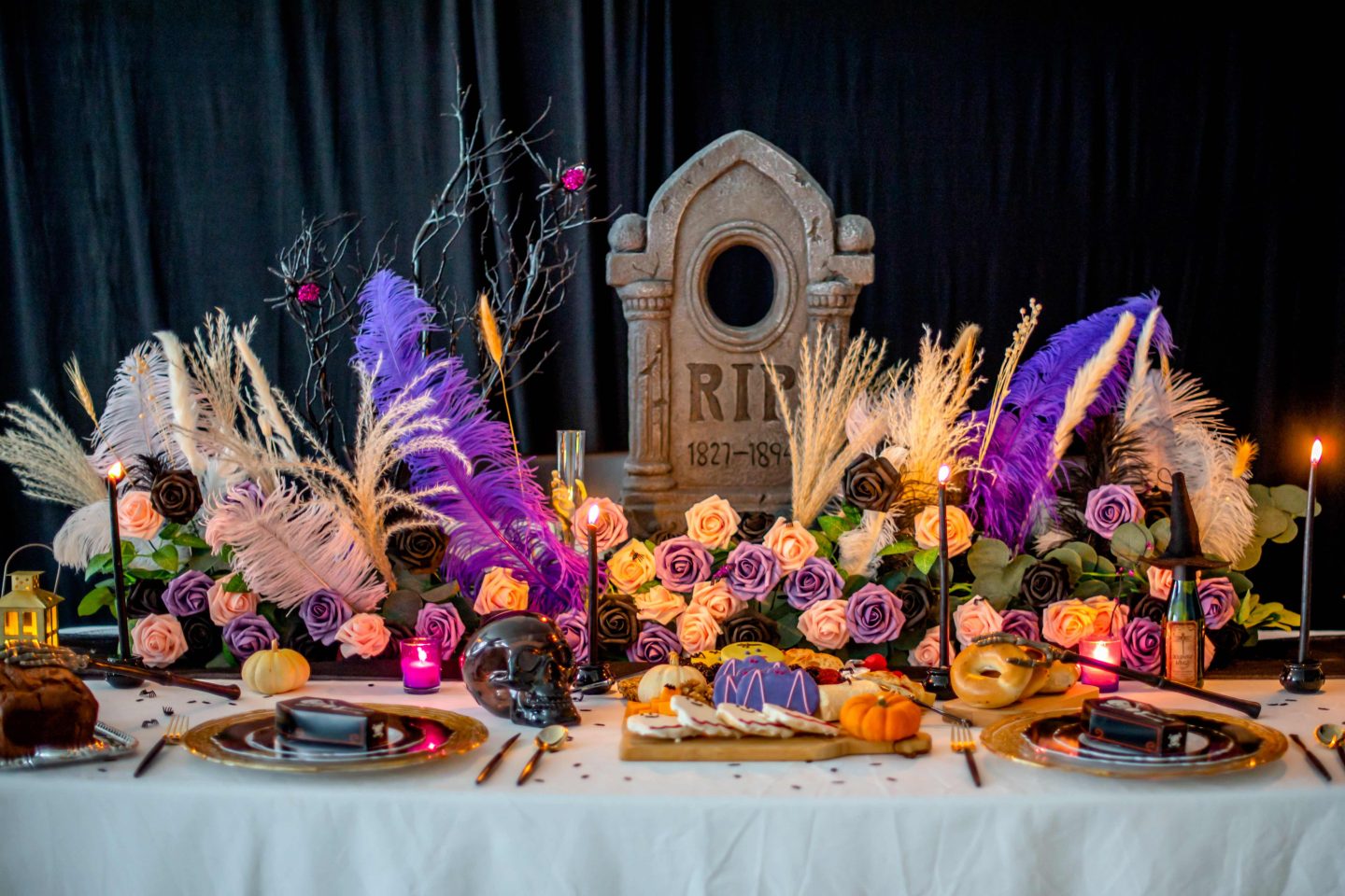 Purple, Gold, Blush, Black Halloween Tablescape. Halloween Brunch Ideas..