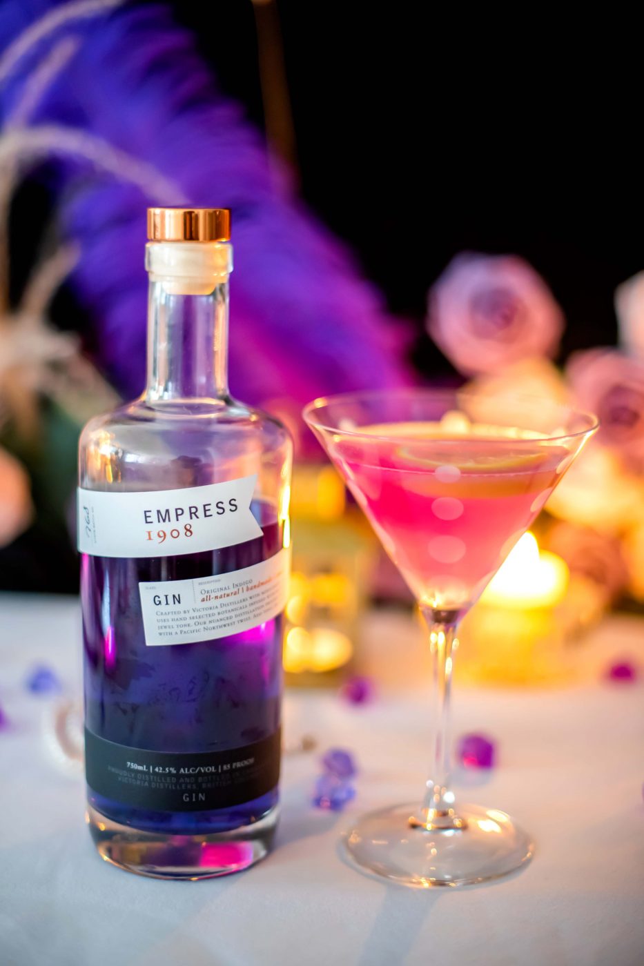 Empress Gin French 75 and CV linens faux flowers and feathers