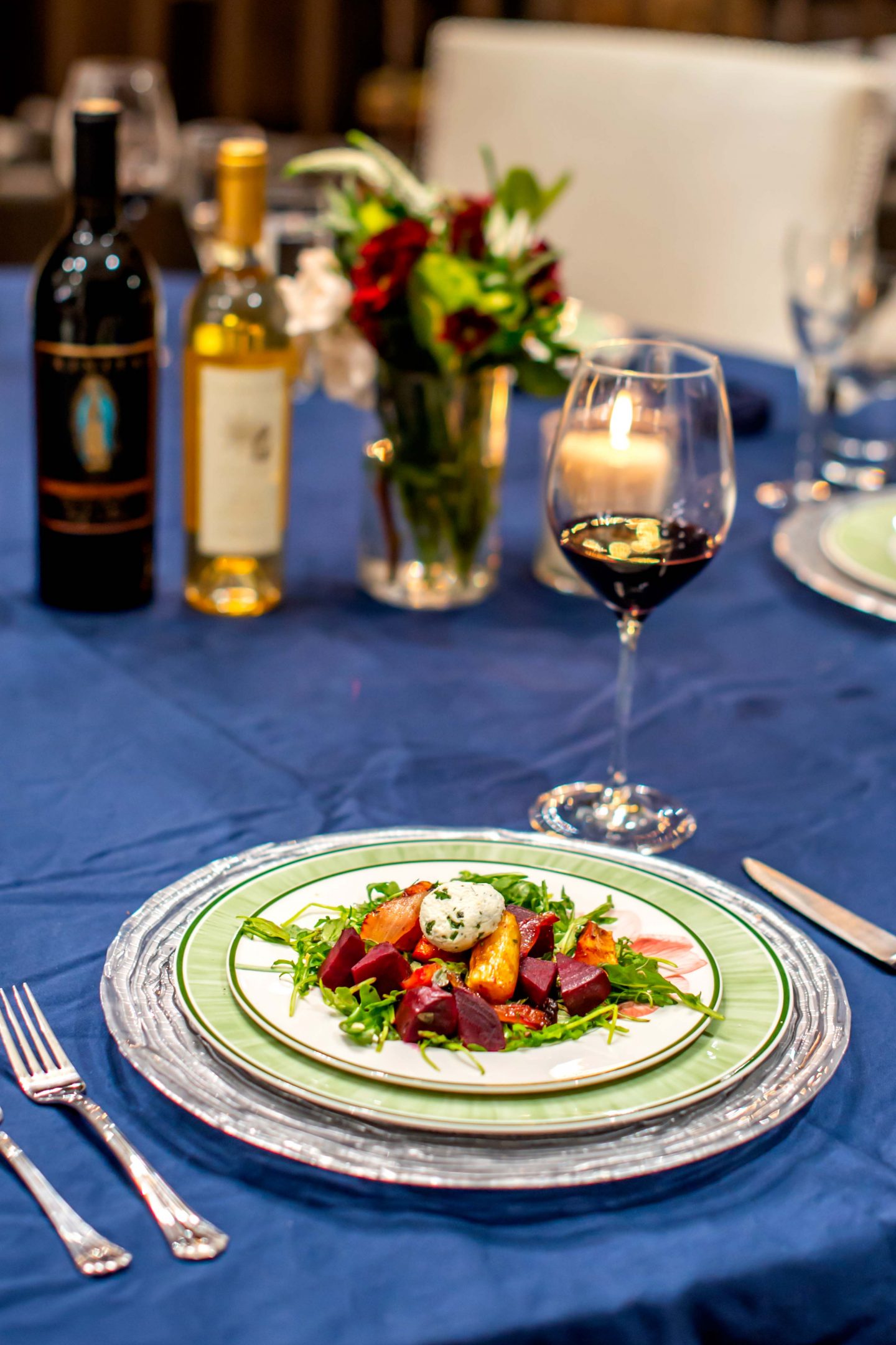 Trinitas Petite Sirah with Roasted Root Vegetable Salad Topped with Herbed Goat Cheese. Italian Food and Wine Pairing. Trinitas Cellars. Italian Dinner Party. 