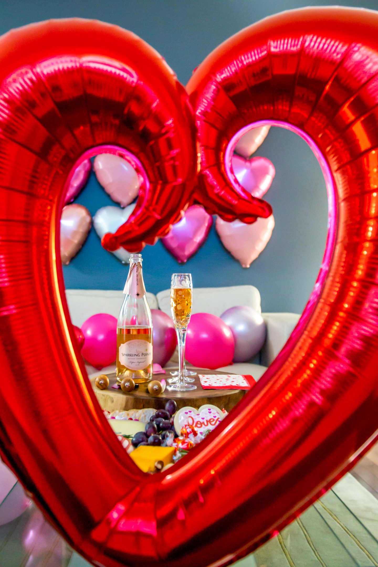 The Best Valentine's Day Party Ideas in 2022 Sparkling Pointe Rose, Candy/Cheese Board and Balloon Hearts