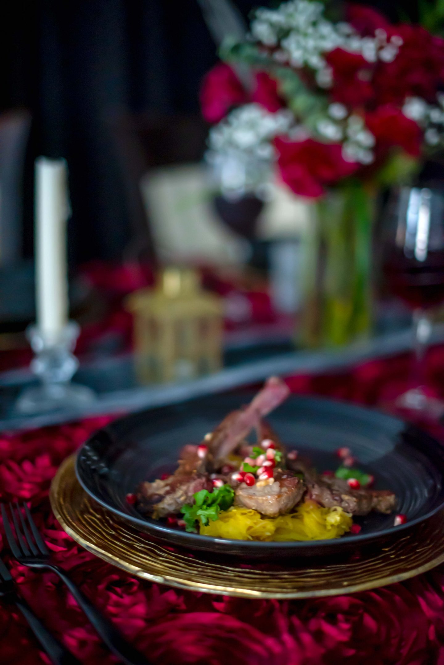 Easy Halloween Dinner Ideas for Adults with Mikasa in 2022 Halloween Dinner Ideas for Adults. Mikasa Halloween. Burgundy and Black Halloween. Mikasa Swirl Black with Graphite Ombre Coupe set, Mikasa Delano Gunmetal flatware, Mikasa Cheers Wine Glasses and Mikasa Cheers Old Fashioned Glasses. Burgundy and Black Halloween. Lamb Chops with Spaghetti Squash and Pomegranates.