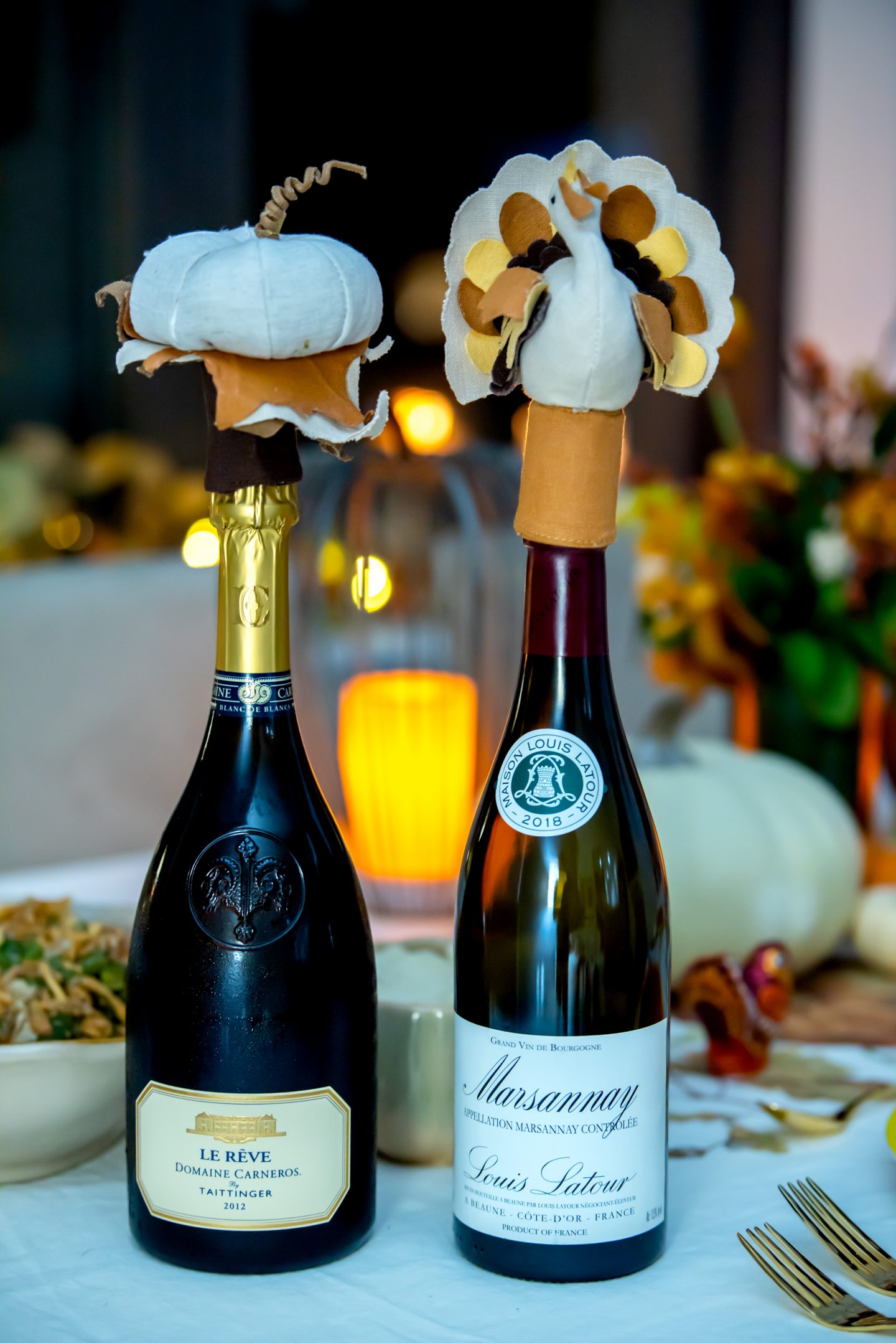 Best Thanksgiving for 2. Thanksgiving Tablescape. Thanksgiving Table Decor. Domaine Carneros. Louis Latour. Wine Toppers. 