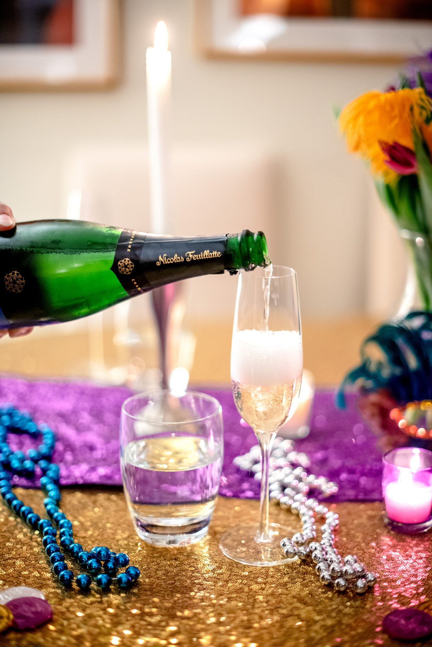 Ideas for a Mardi Gras Party. Mardi Gras decorations. Mardi Gras dinner party. Mardi Gras tablescape. Nicolas Feuillatte.
