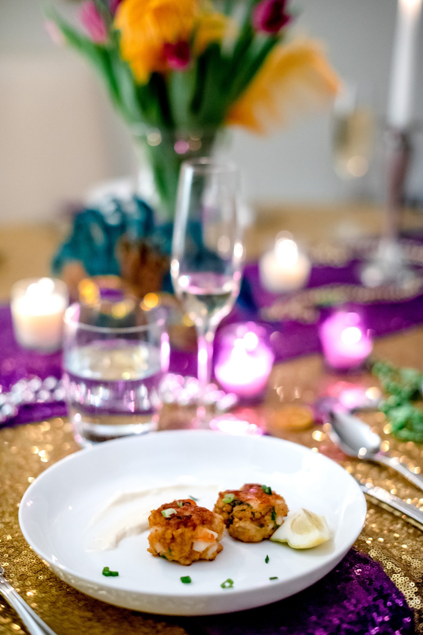 Ideas for a Mardi Gras Party. Mardi Gras decorations. Mardi Gras dinner party. Mardi Gras tablescape. Shrimp Cakes. Mardi Gras food ideas. 