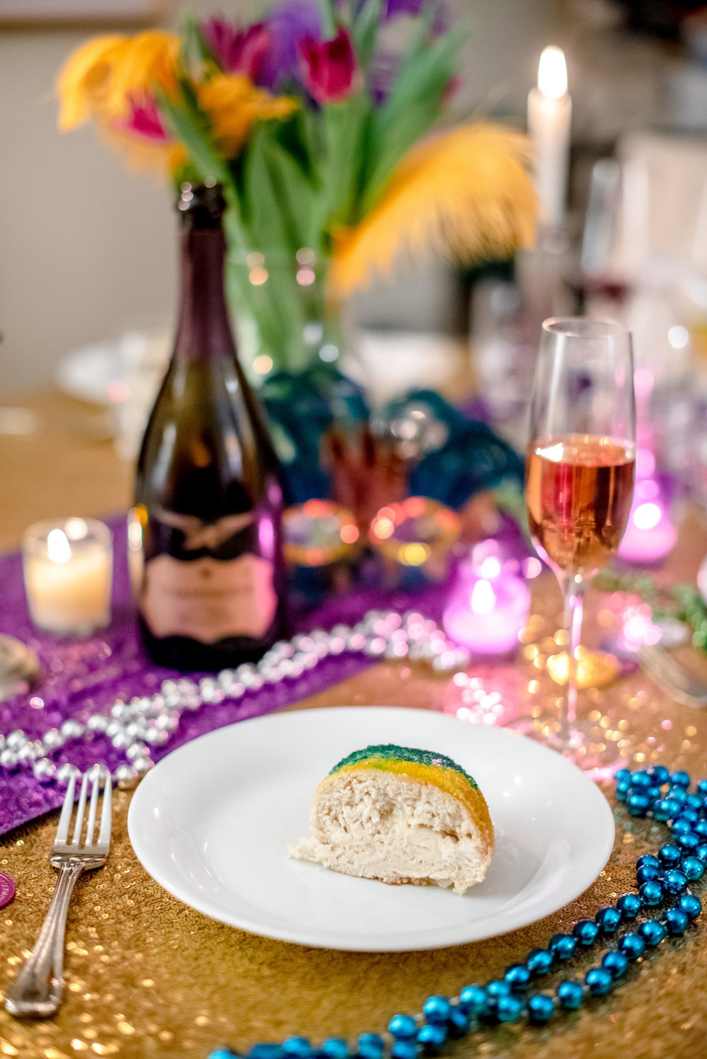 Ideas for a Mardi Gras Party. Mardi Gras decorations. Mardi Gras dinner party. Mardi Gras tablescape.  King Cake. Buena Vista La Victoire Brut Champagne. 