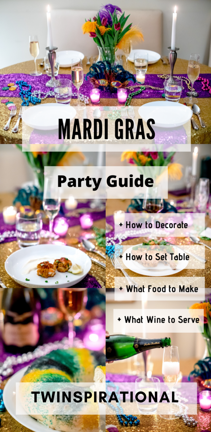 Ideas for a Mardi Gras Party. Mardi Gras decorations. Mardi Gras dinner party. Mardi Gras tablescape. Champagne. Buena Vista La Victoire Brut Champagne.  Mardi Gras food ideas. 