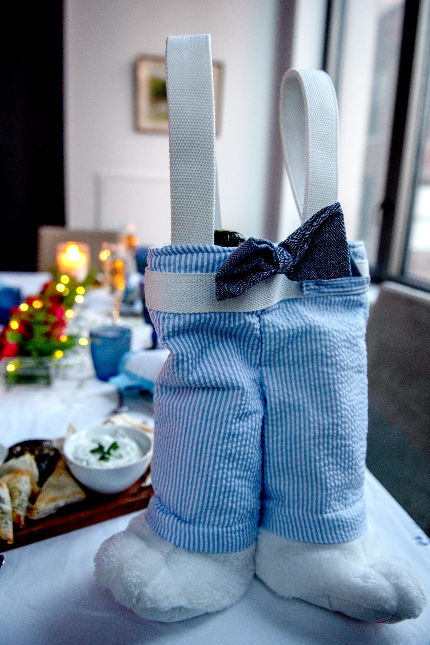 Greek Easter. Greek Easter Tablescape. Greek Easter Food. Greek Wine.  Bunny wine bag. 