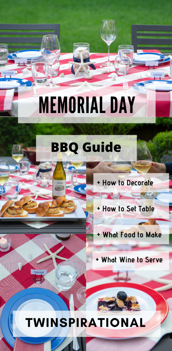 Memorial Day BBQ Idea. Red, white and blue tablescape. Jordan Chardonnay. Beach themed dinner. Beach themed BBQ. Beach themed barbecue. Red and white gingham table throw. 