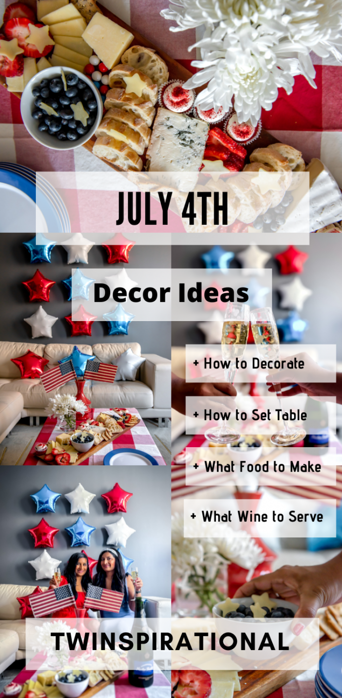 Best July 4th Decor Ideas: How to Celebrate Independence Day in Style July 4th Decor Ideas. Red, white and blue cheese board. Red and white gingham tablecloth. Red, white and blue star balloons. American flags. Nicolas Feuillatte.