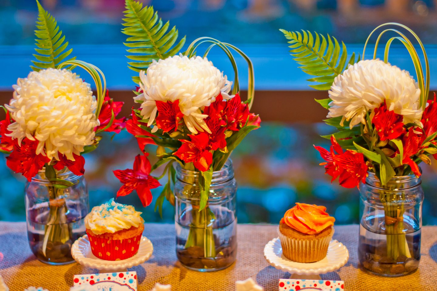 Fire and Ice Theme Party Ideas. Red and white party. Red and white flowers. Fireball Cupcakes. Coconut Cupcakes.