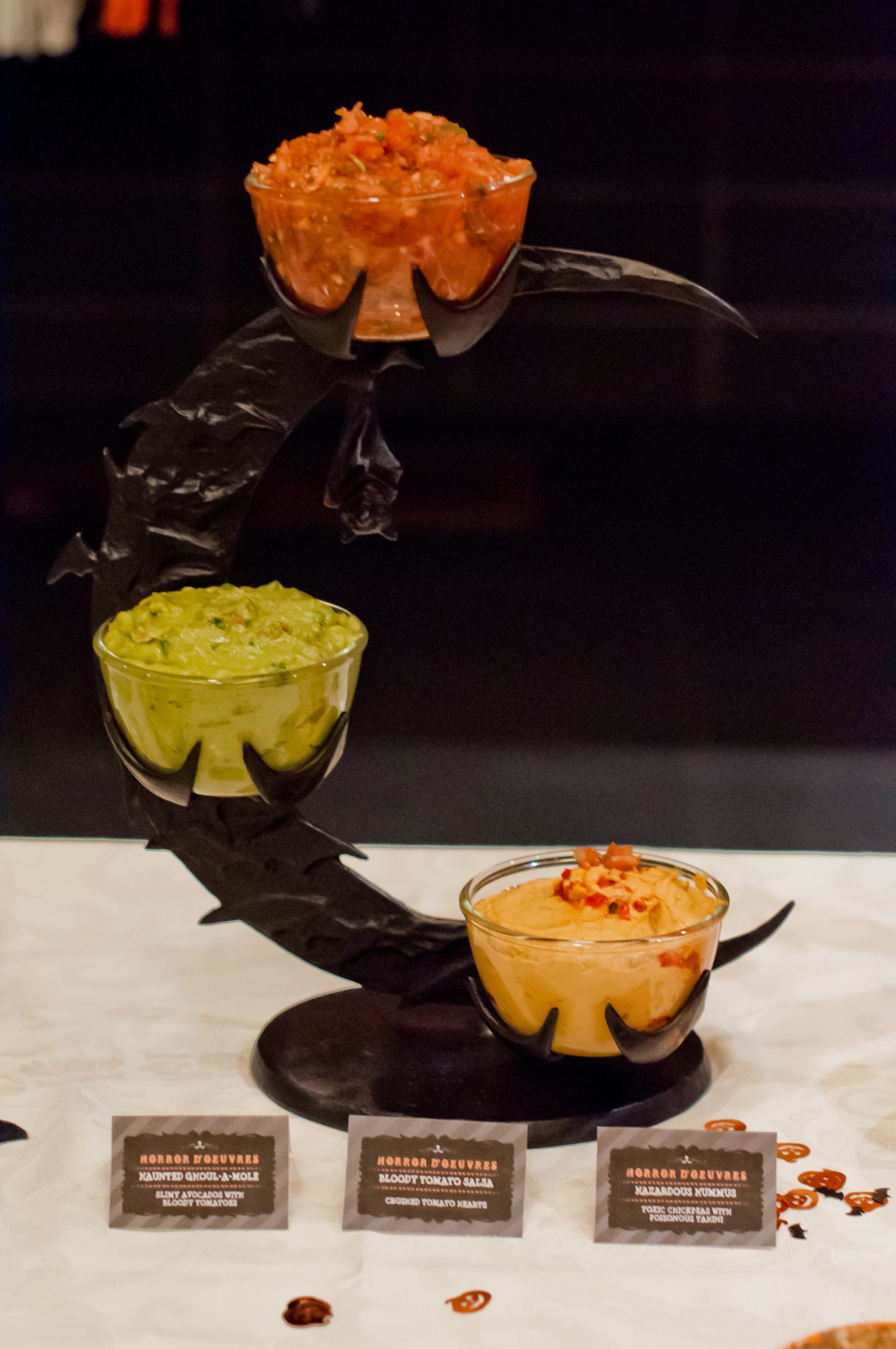 Halloween dinner party. Halloween table. Orange and black Halloween tablescape. Halloween dips. 
