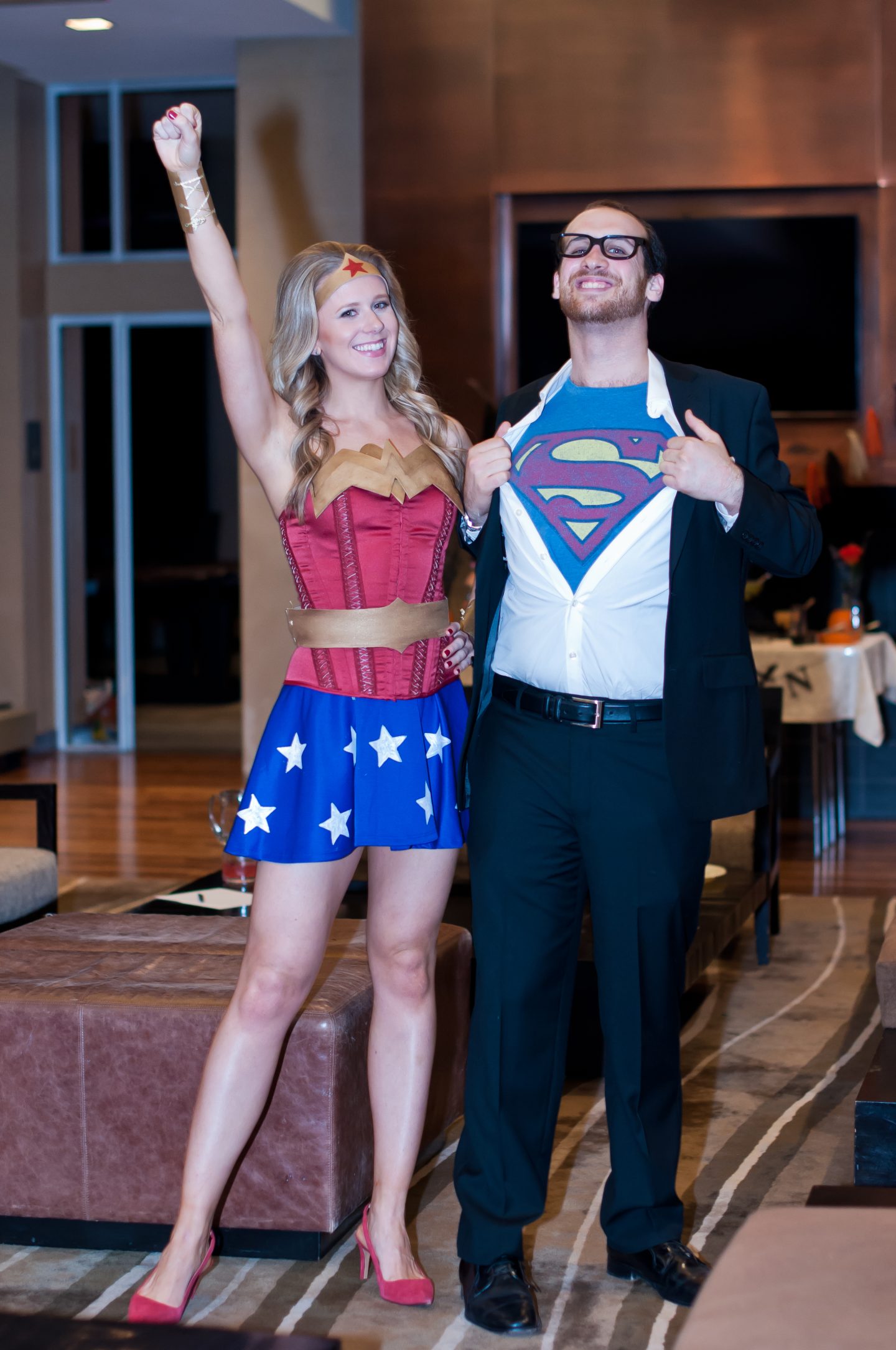 Superman and Wonder Woman. Halloween dinner party. 