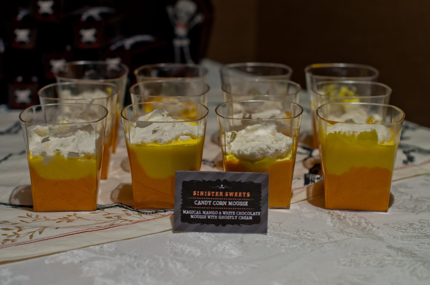 Halloween dinner party. Halloween menu. Halloween food ideas. Halloween dessert table. Candy corn mousse. 
