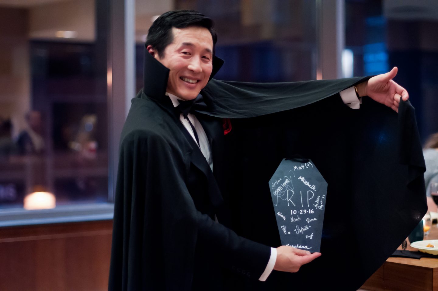 Halloween dinner party. Halloween costumes. Vampires. 