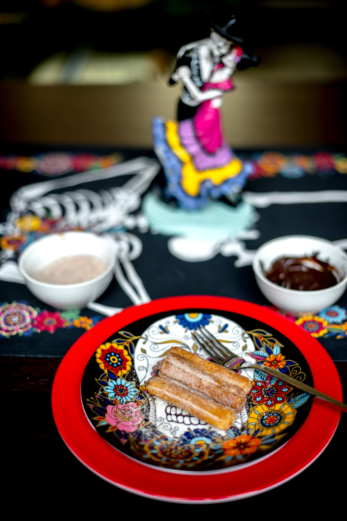 Day of the Dead Party Ideas. Dia de los Muertos. Day of the Dead Party Tablescape. Day of the Dead Tablescape.  Churros. 