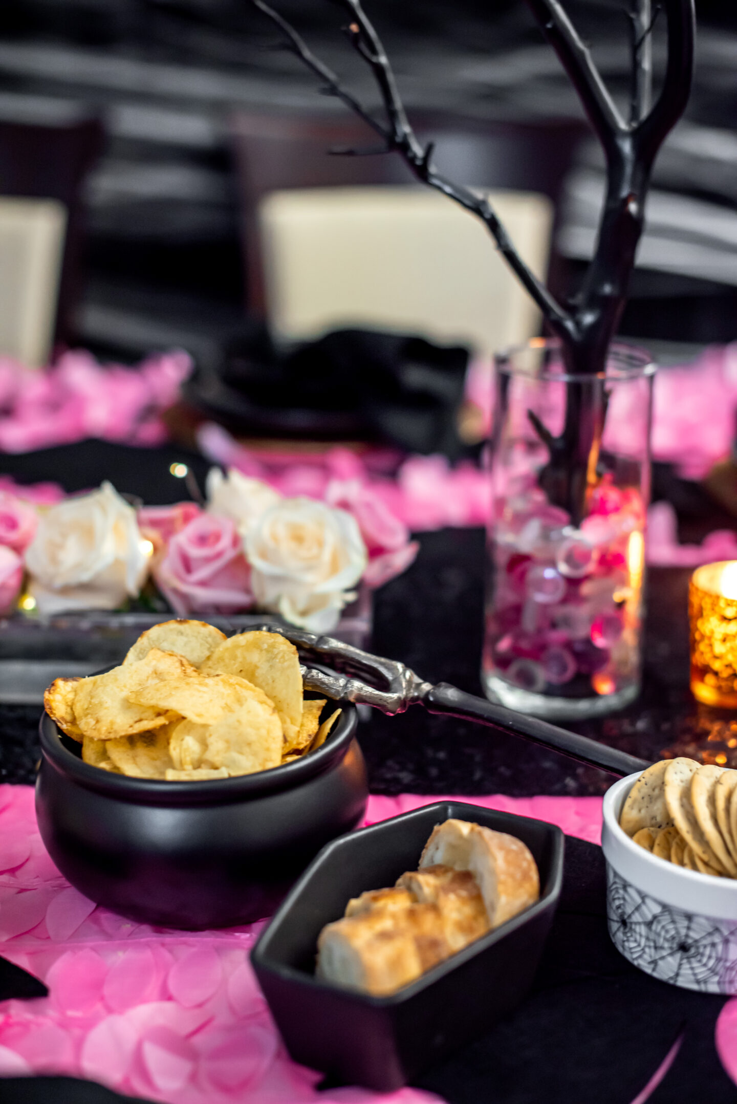 Pinkoween. Barbie Halloween. Pink Halloween. Pink and Black Tablescape. Cauldron. Tombstone. 