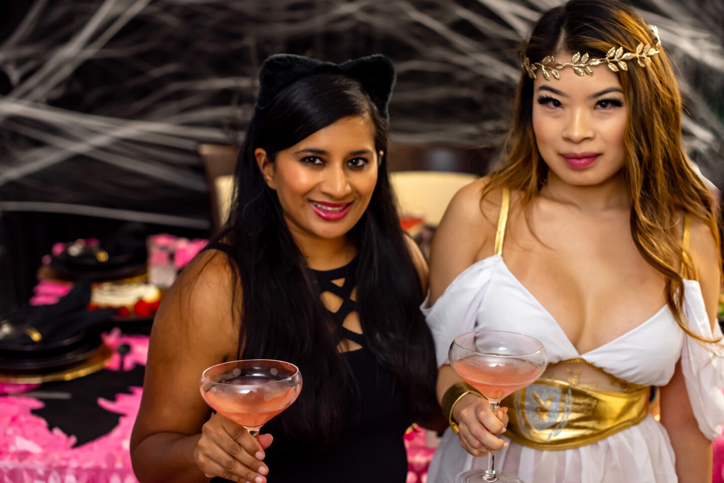 Pinkoween. Barbie Halloween. Pink Halloween. Pink and Black Tablescape. Cheers Coupe Glasses.
