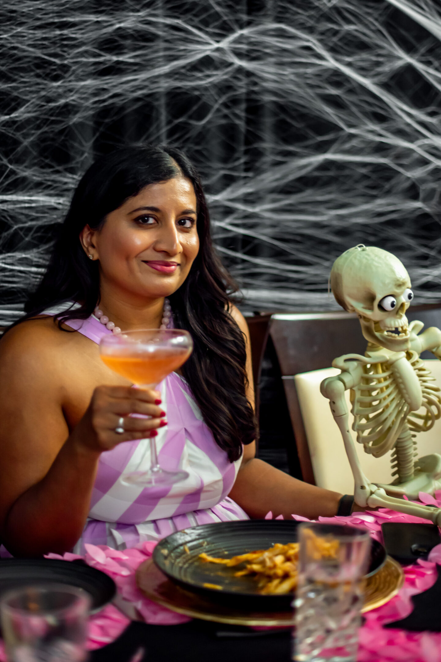 Pinkoween. Barbie Halloween. Pink Halloween. Pink and Black Tablescape. Mikasa Swirl Black. Cheers Coupe Glasses.