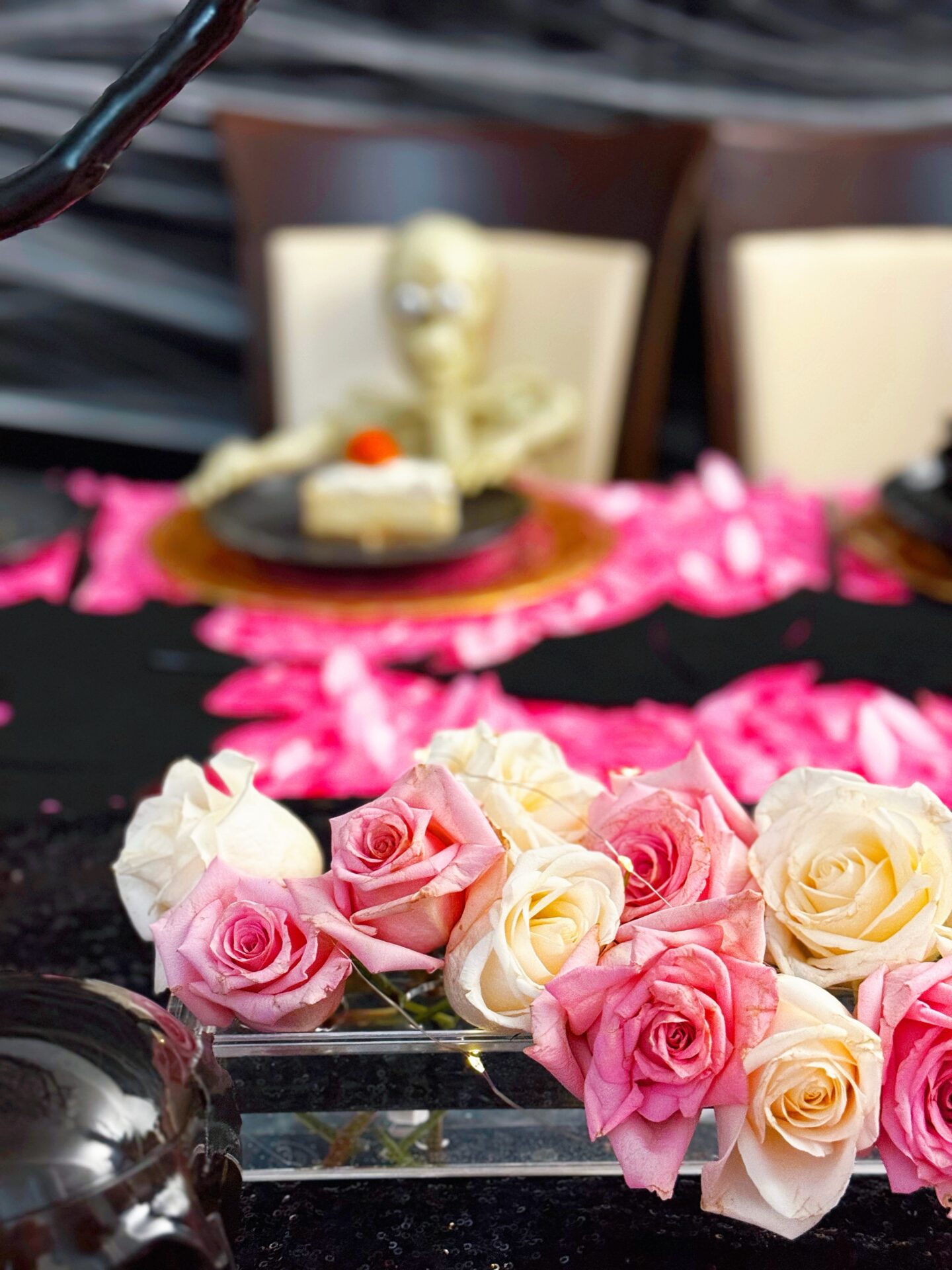 Pinkoween. Barbie Halloween. Pink Halloween. Pink and Black Tablescape. Pink and White Roses. 