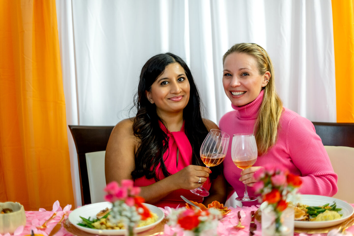 Strutting into Girlsgiving: 7 Beautiful Pink Turkey Trot Ideas Girlsgiving. Pink Friendsgiving. Pink Thanksgiving. Barbie Thanksgiving. Thanksgiving Tablescape. Orange and Pink Tablescape.