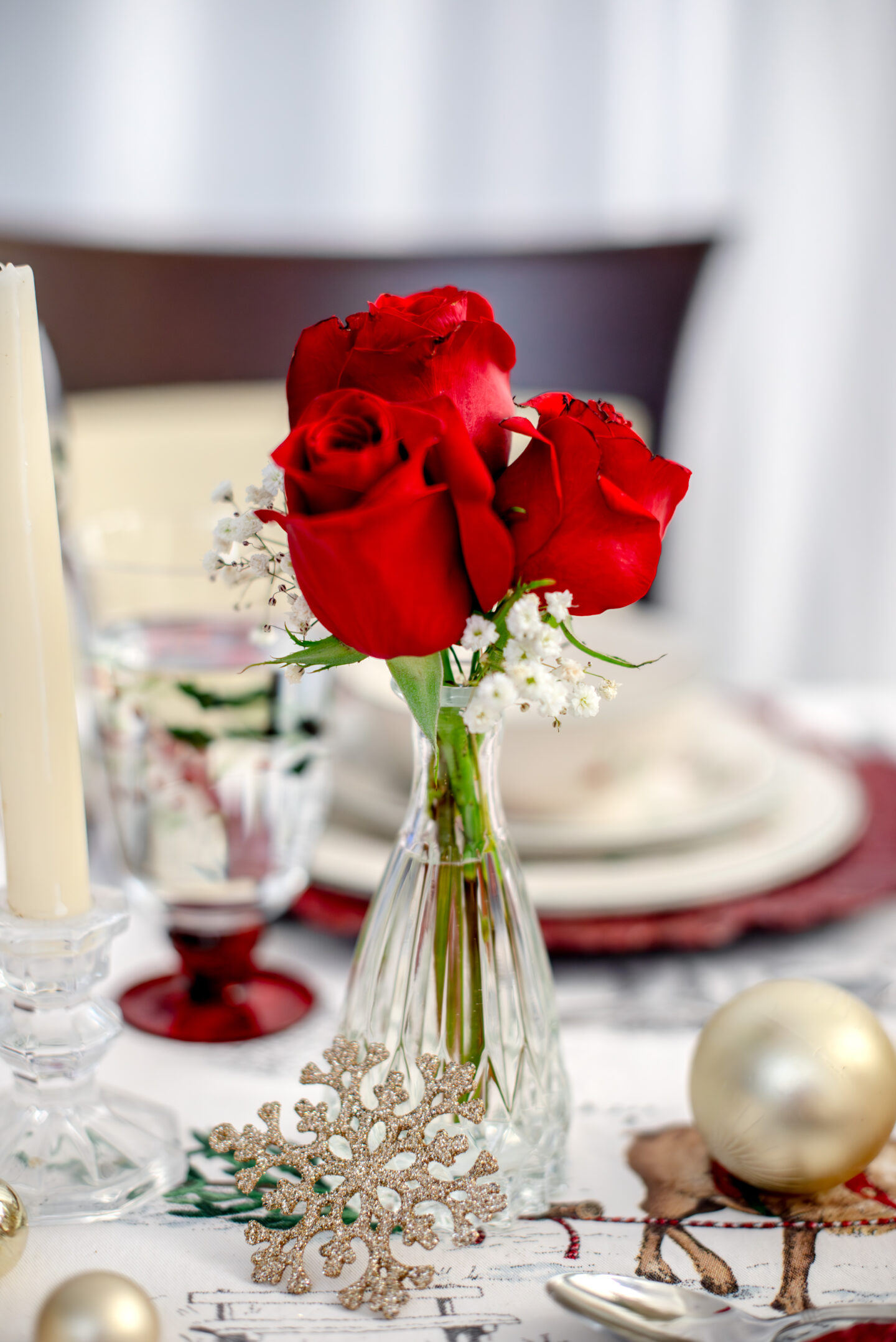 Red Roses in Bud Vase.