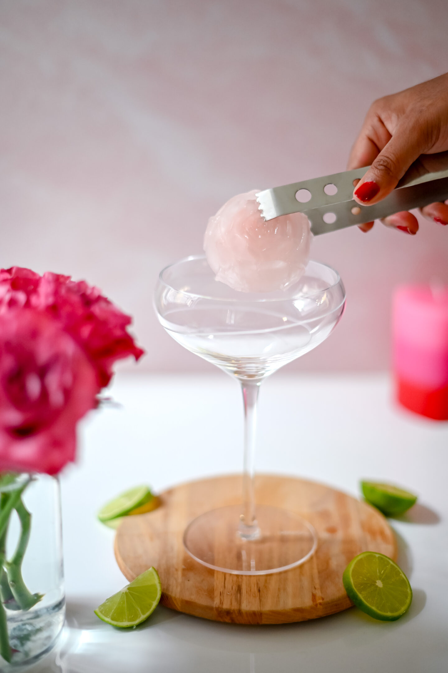 Cosmopolitan Recipe. Cosmopolitan Spritz Recipe. Mikasa Cheers Coupe Glasses. Rose Ice Cubes.
