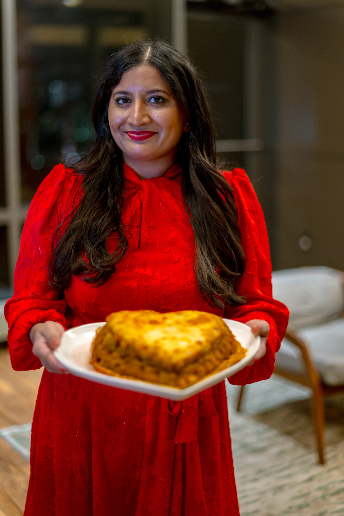 Red Galentine's Day Party Ideas. Heart shaped lasagna. 