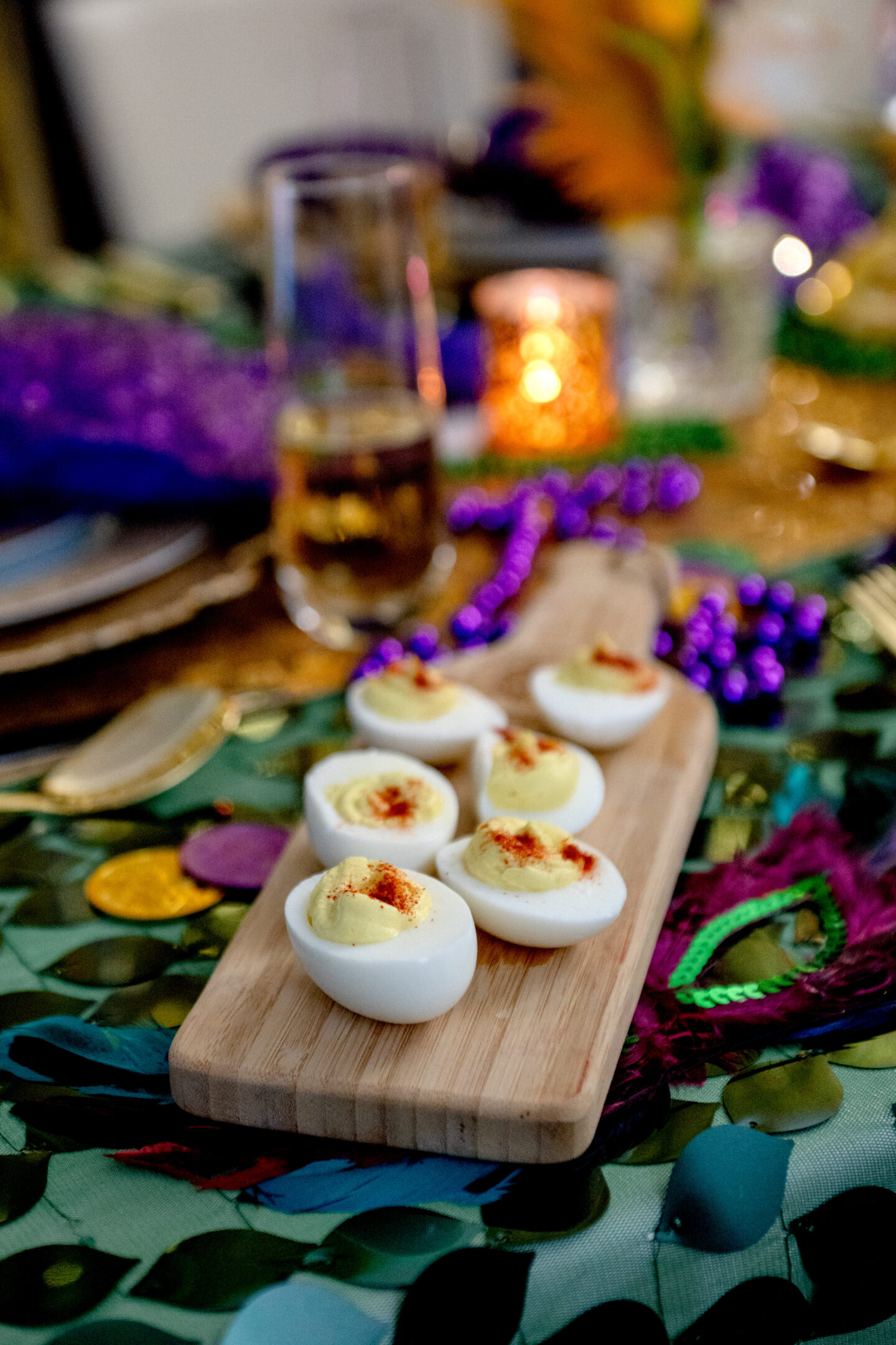 Mardi Gras Party Ideas. Mardi Gras Tablescape. Deviled Eggs. 