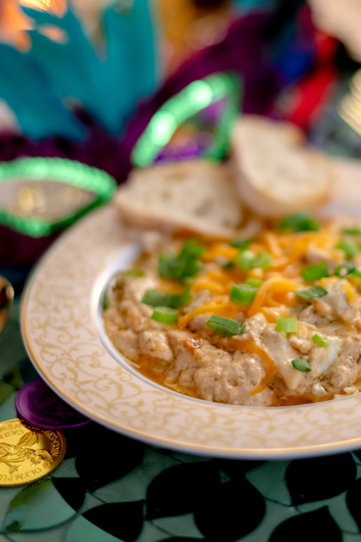 Mardi Gras Party Ideas. Mardi Gras Tablescape. Crab Dip. 