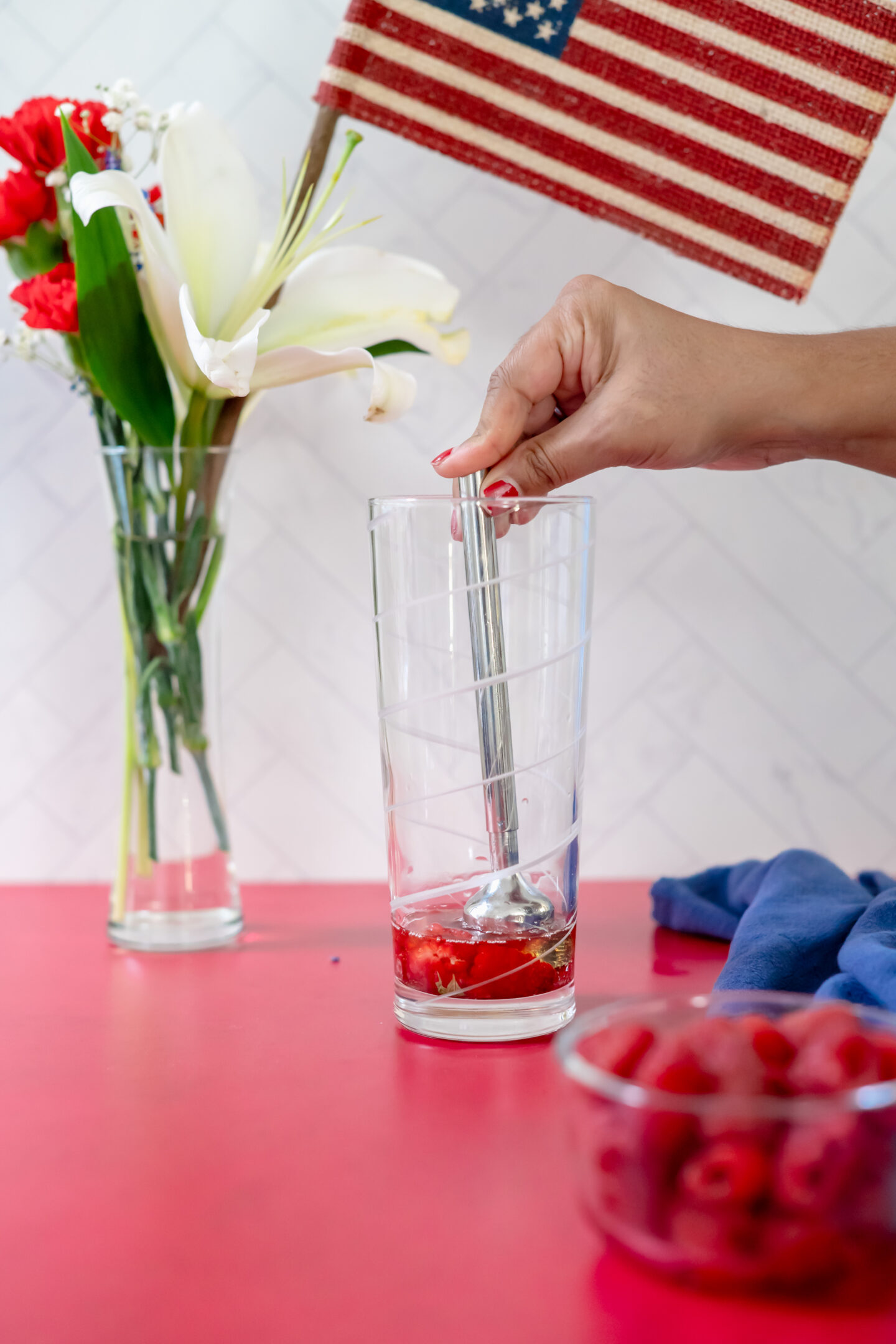 Red, White and Blue Cocktail. Memorial Day Cocktail. Mikasa Highball. 