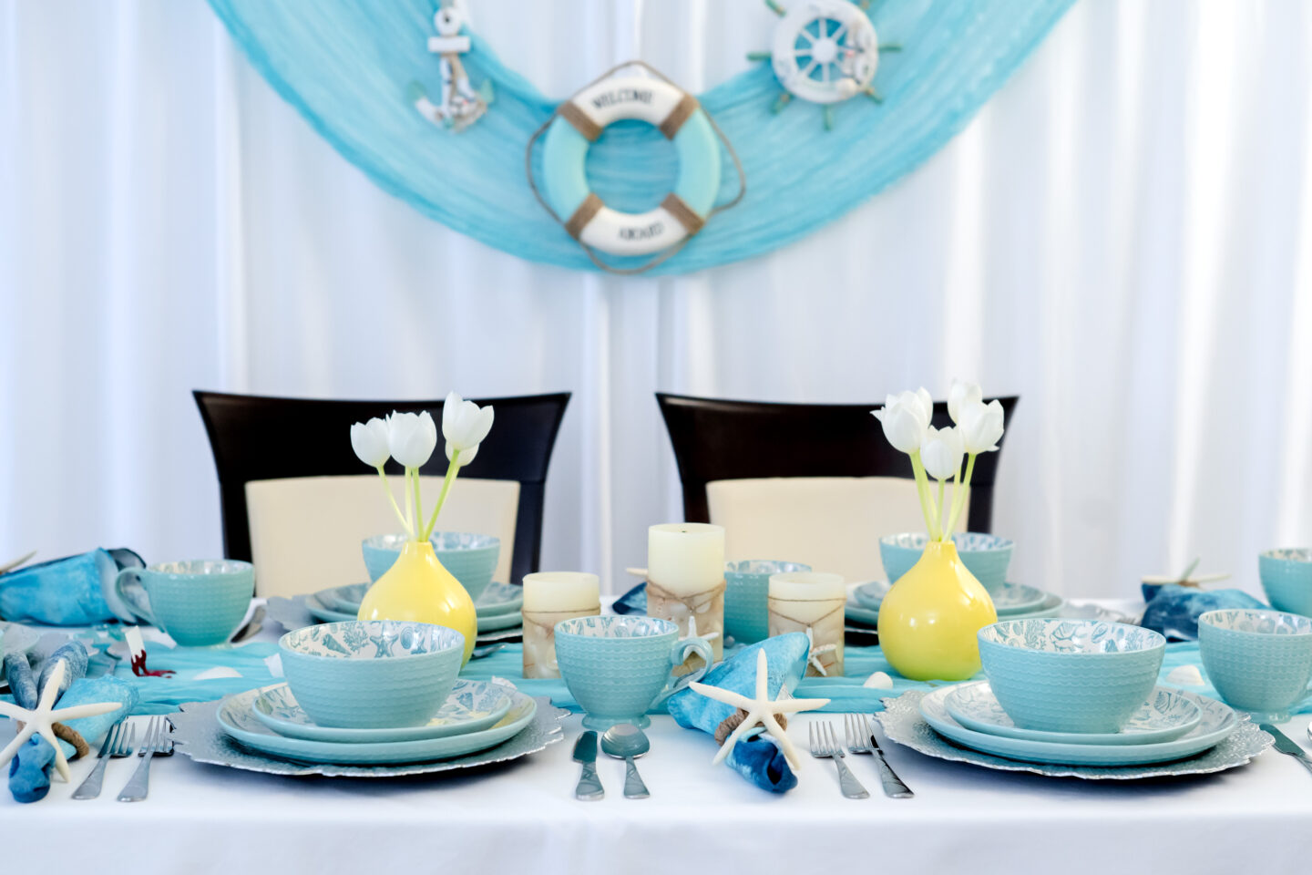 Nautical Theme Party Ideas. Pfaltzgraff Venice Collection. Nautical Tablescape.