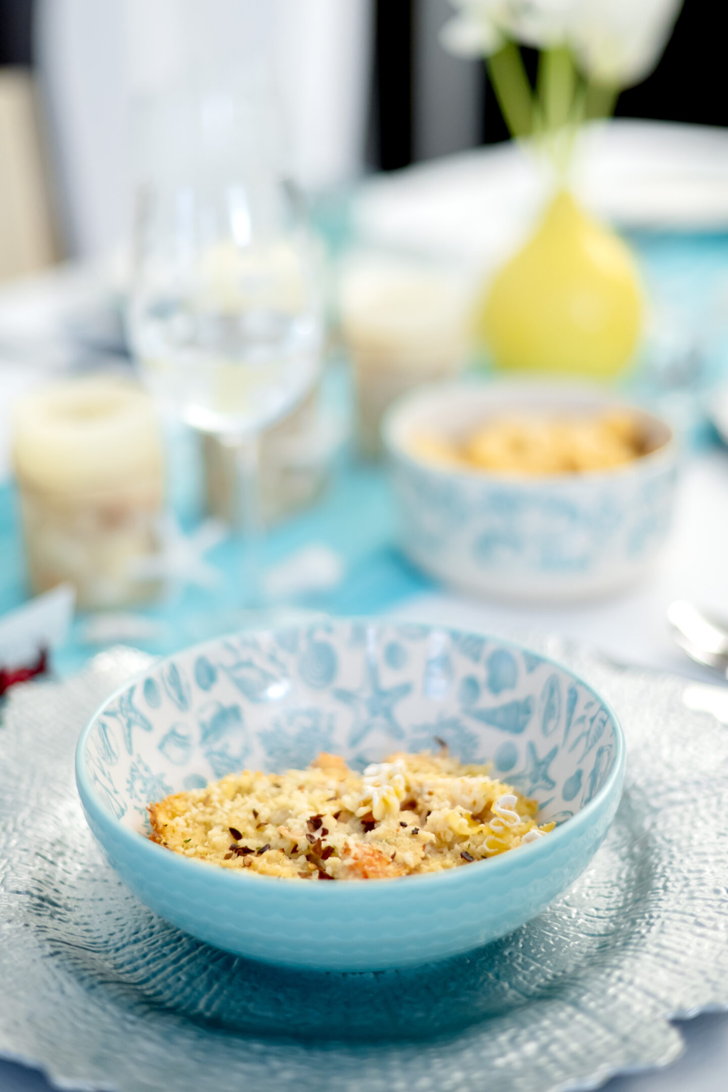 Nautical Theme Party Ideas. Pfaltzgraff Venice Collection. Nautical Tablescape. Luke's Lobster Mac and Cheese. 
