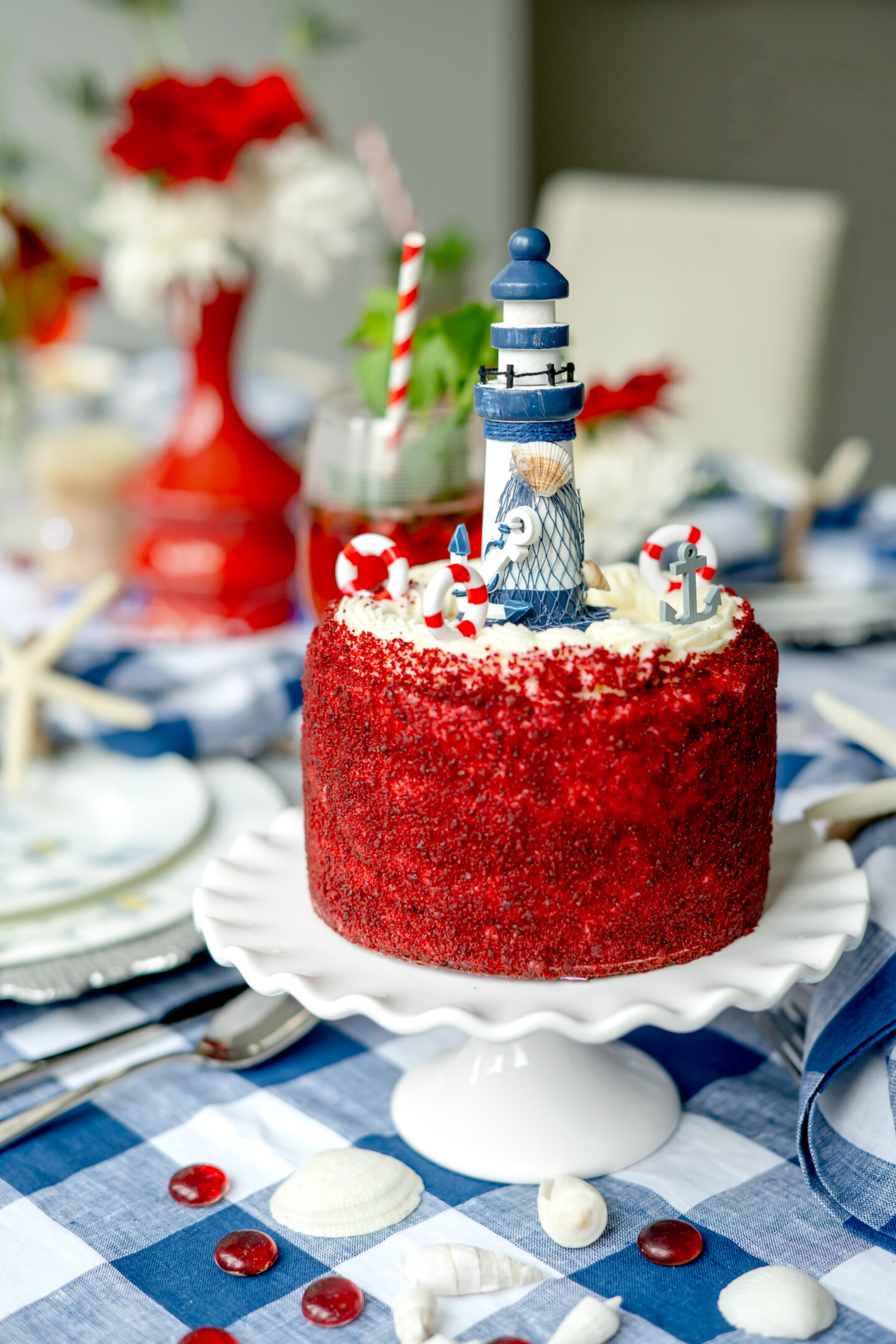 10 Gorgeous Nautical Theme Party Decor Ideas That Will Float Your Boat Nautical Theme Party Decor Ideas. Nautical Tablescape. Mikasa Seaside. Solino Home Buffalo Check Linens. Lighthouse Cake. Nautical Cake.
