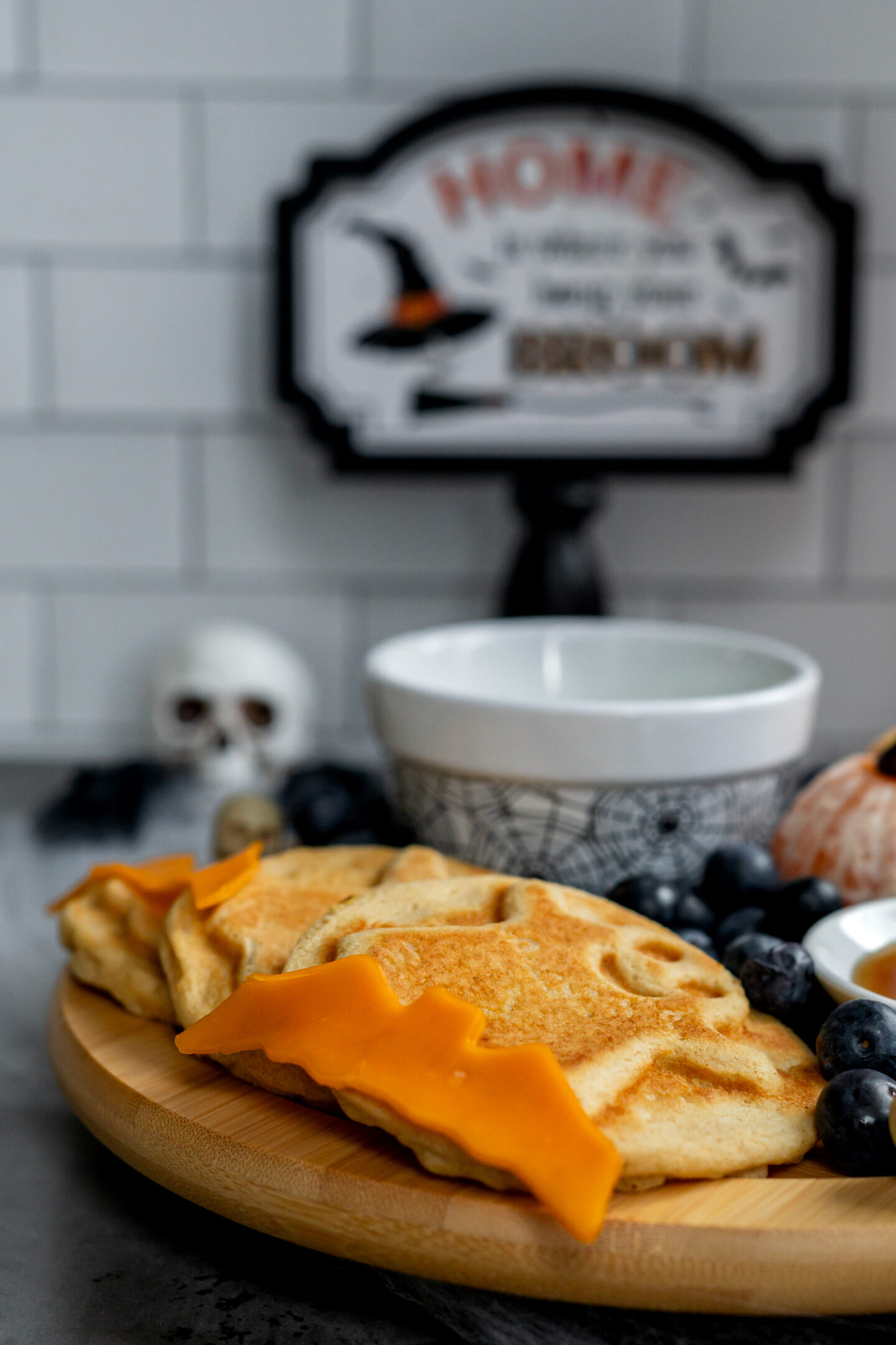 Halloween Charcuterie Board Ideas: Ghost Waffles and Bat Cheddar Cheese 