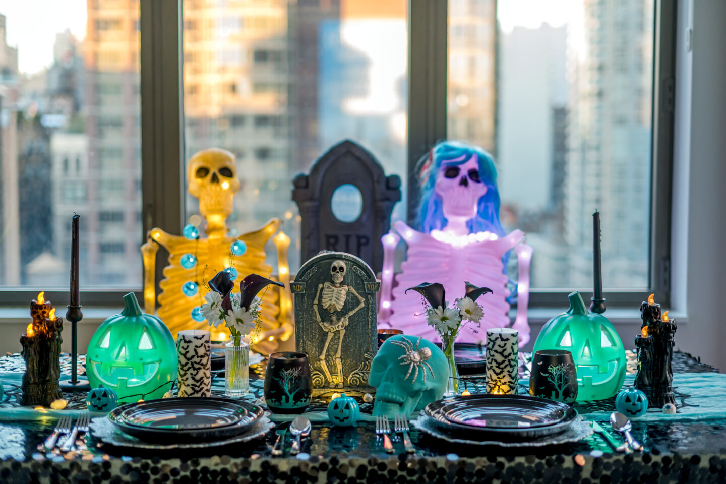 10 Stunning Black and Teal Halloween Party Ideas: Ghoulish Halloween Theme Ideas Teal Halloween Tablescape. Halloween Theme. Teal Pumpkin Project.