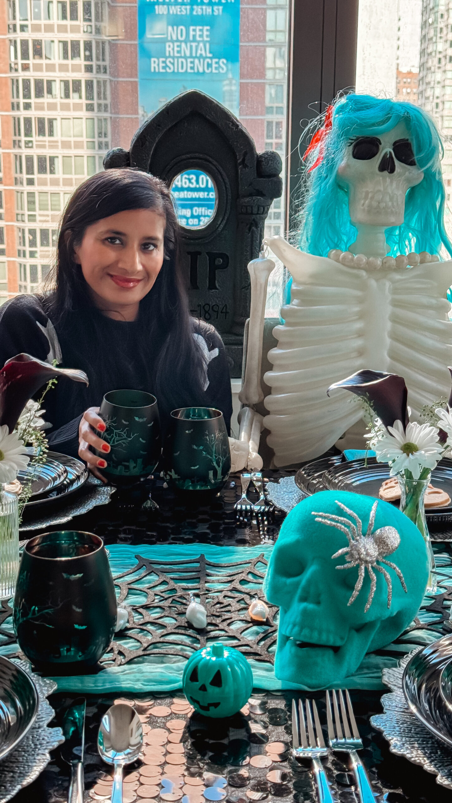 10 Stunning Black and Teal Halloween Party Ideas: Ghoulish Halloween Theme Ideas Teal Halloween Tablescape. Halloween Theme.