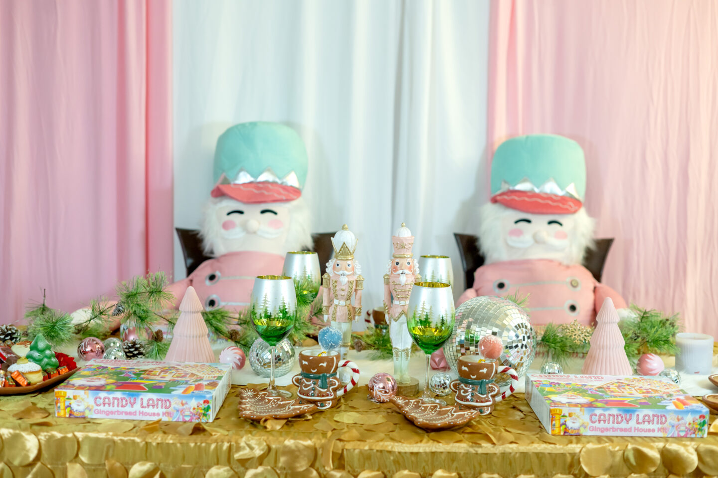 Pink Disco Nutcracker Theme party. Gingerbread House Decorating Party. Pink Nutcrackers. 