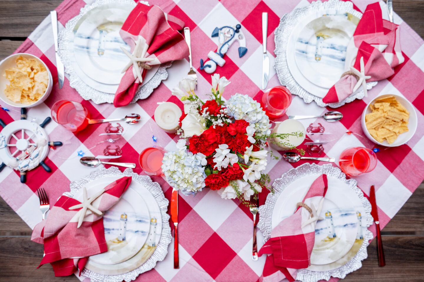 Red and White Gingham table for Memorial Day with 