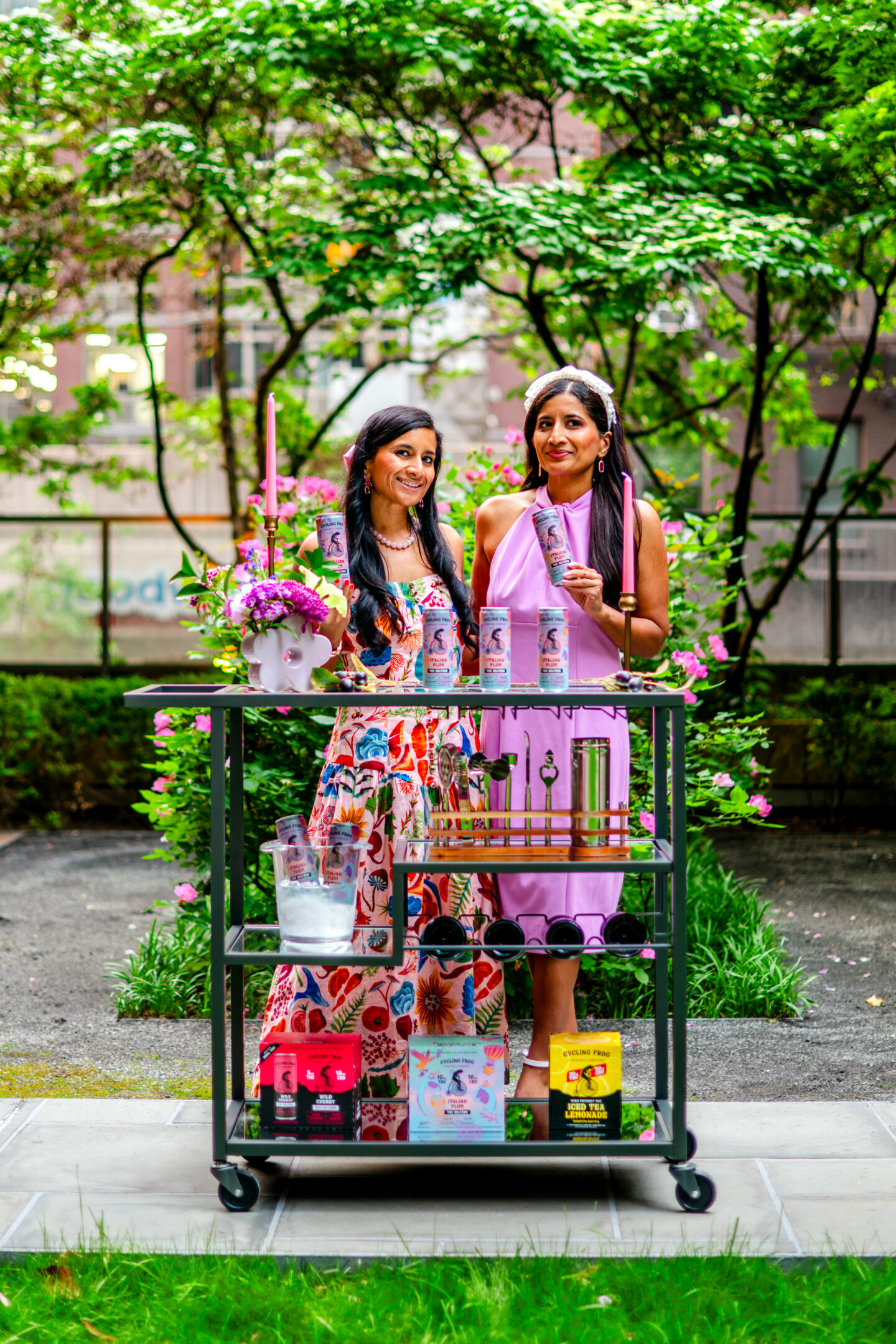 Best Ideas for an Italian Dinner Party: Delicious 4 Course Plum Dinner Party Ideas for an Italian dinner party: Twins in purple next to bar cart with Cycling Frog Seltzers