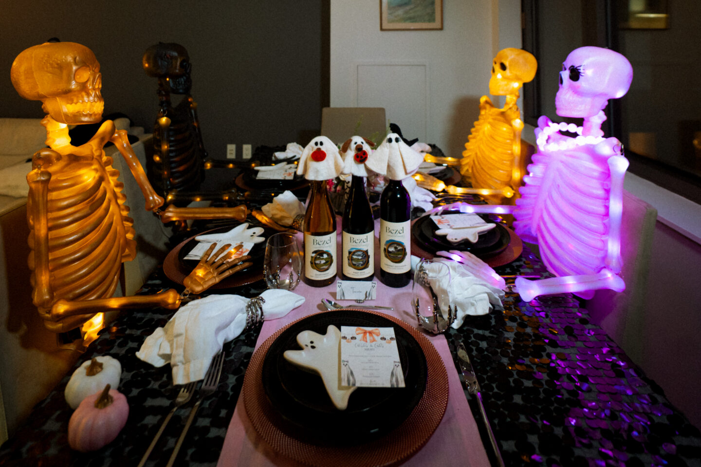 Ghouls & Gals tablescape:  Halloween Dinner Ideas. Adult Halloween Party Menu. 